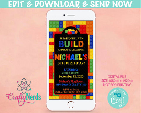 Building Blocks Birthday Party Electronic Invitation, Blocks Evite | Editable Instant Download | Edit Online NOW Corjl | INSTANT ACCESS