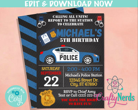 Police Birthday Invitation, Police Party, Cop Theme, Police Theme | Editable Instant Download | Edit Online NOW Corjl | INSTANT ACCESS