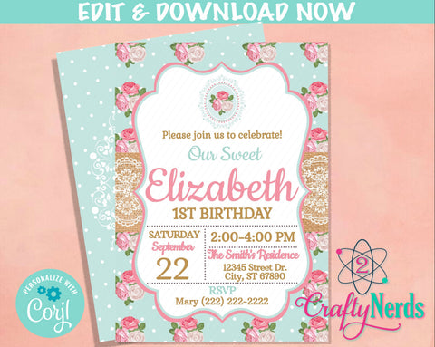 Shabby Chic Birthday Invitation, Pink & Turquoise invitation| Editable Instant Download | Edit Online NOW Corjl | INSTANT ACCESS T1