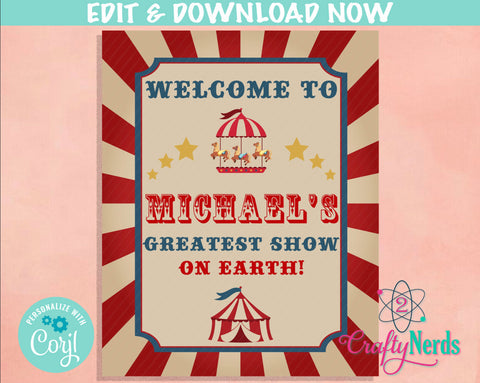 Vintage Carnival Circus Birthday Sign, Circus Birthday Welcome Sign | Editable Instant Download | Edit Online NOW Corjl | INSTANT ACCESS