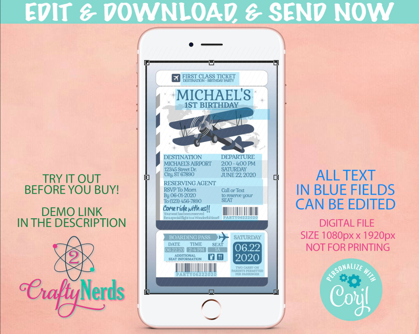 Airplane Ticket Birthday Party Electronic Invitation, Airplane Evite | Editable Instant Download | Edit Online NOW Corjl | INSTANT ACCESS