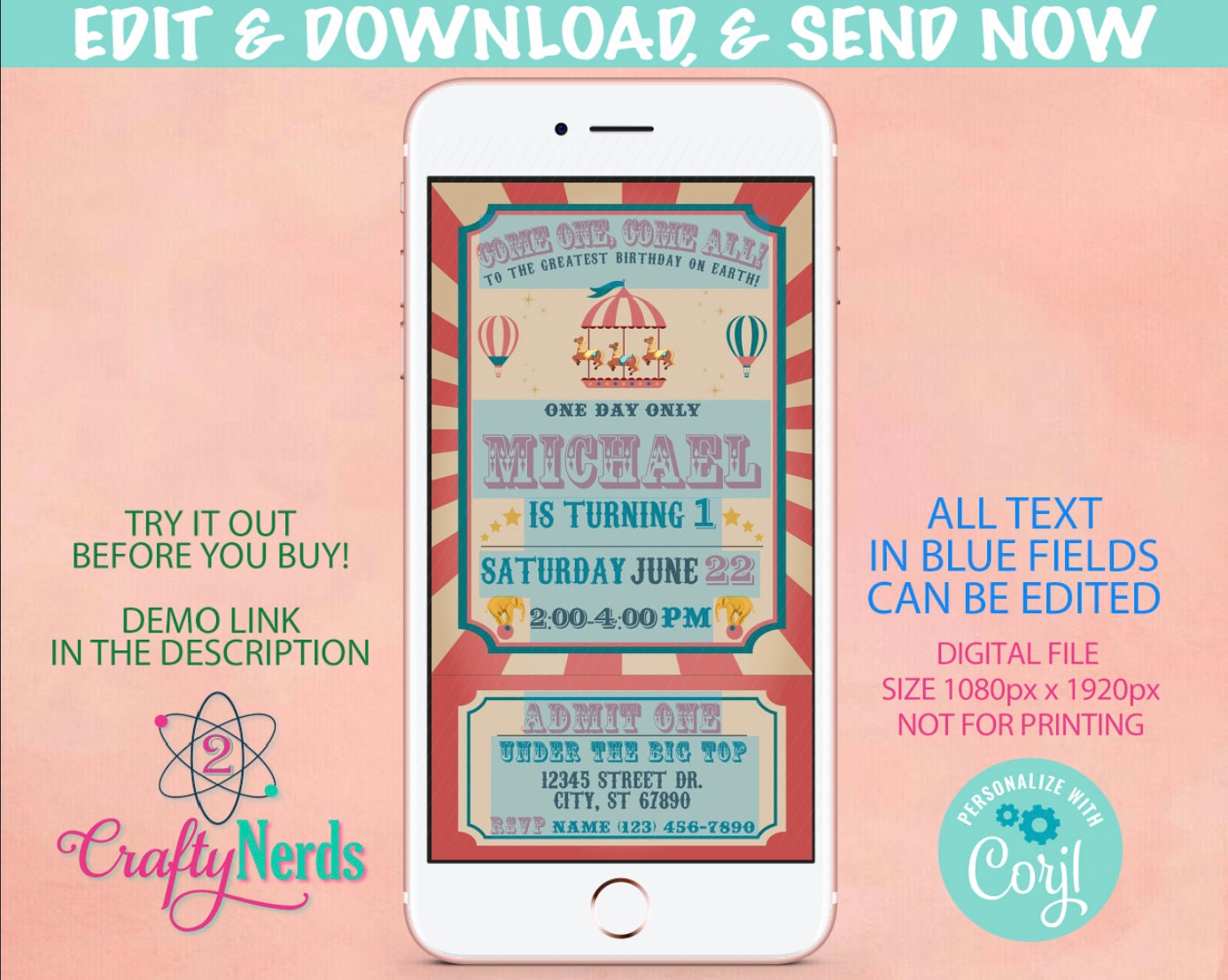 Circus Carnival Ticket Birthday Party Electronic Invitation, Pink Evite | Editable Instant Download | Edit Online NOW Corjl | INSTANT ACCESS