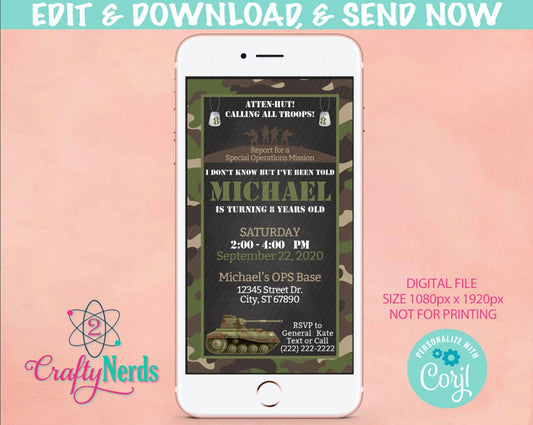Army Camouflage Birthday Party Electronic Invitation, Army Camo Evite | Editable Instant Download | Edit Online NOW Corjl | INSTANT ACCESS