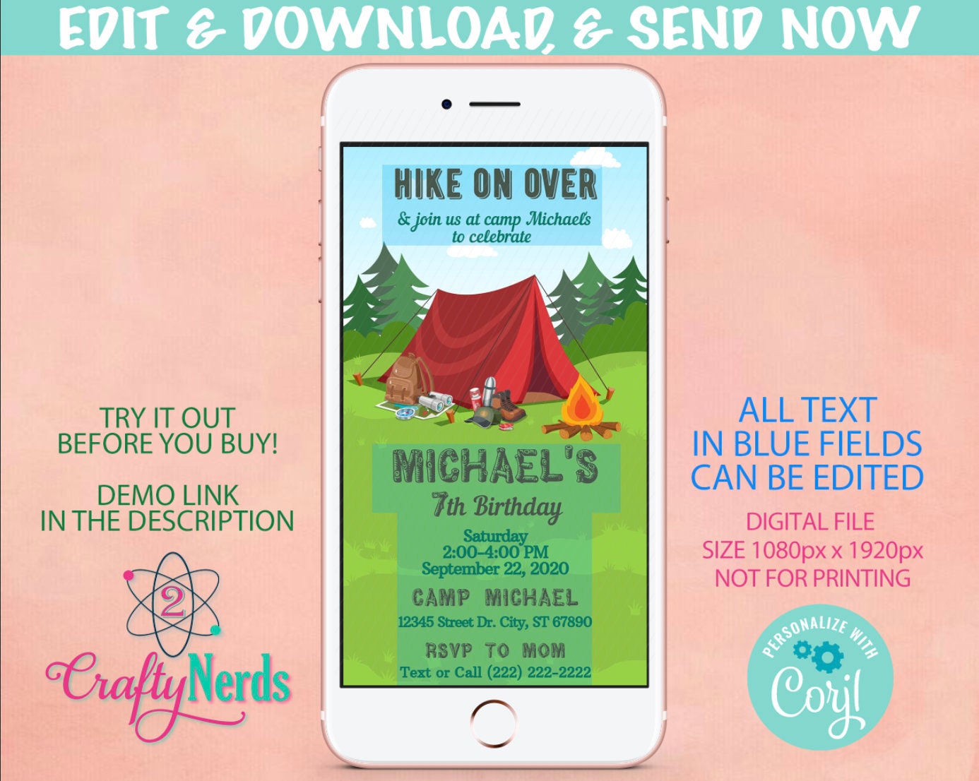 Camping Birthday Party Electronic Invitation, Sleepover Phone Evite | Editable Instant Download | Edit Online NOW Corjl | INSTANT ACCESS