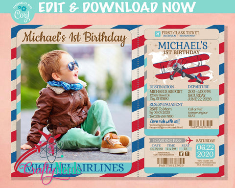 Airplane Ticket Birthday Invitation With Photo, Airplane Party, Plane | Editable Instant Download | Edit Online NOW Corjl | INSTANT ACCESS