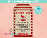 Circus Birthday Thank You Tag, Carnival Birthday Tag Circus Favor Label | Editable Instant Download | Edit Online NOW Corjl | INSTANT ACCESS