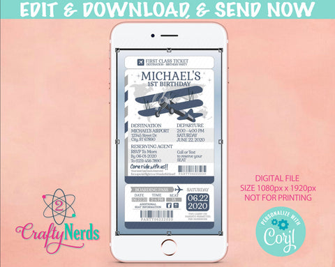Airplane Ticket Birthday Party Electronic Invitation, Airplane Evite | Editable Instant Download | Edit Online NOW Corjl | INSTANT ACCESS