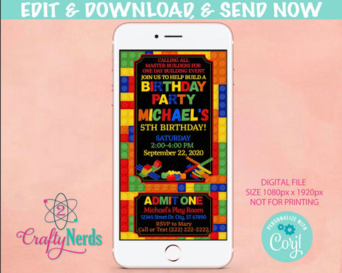 Building Blocks Ticket Birthday Party Electronic Invitation, Evite | Editable Instant Download | Edit Online NOW Corjl | INSTANT ACCESS