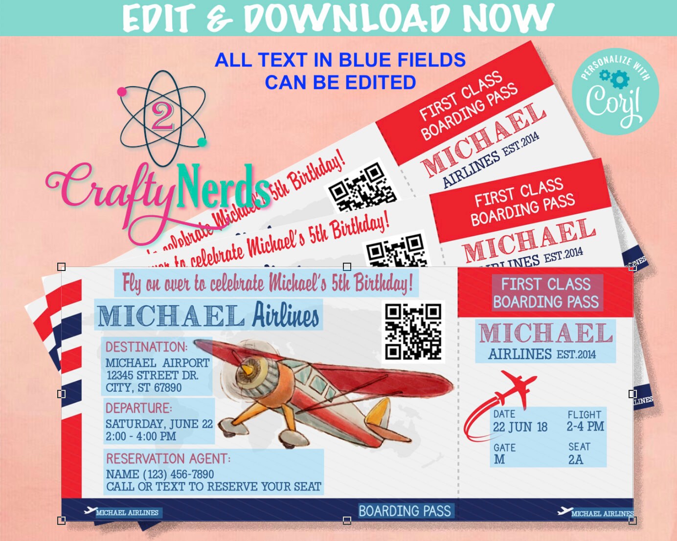 Airplane Ticket Birthday Invitation, Airplane Party, Plane invitation | Editable Instant Download | Edit Online NOW Corjl | INSTANT ACCESS