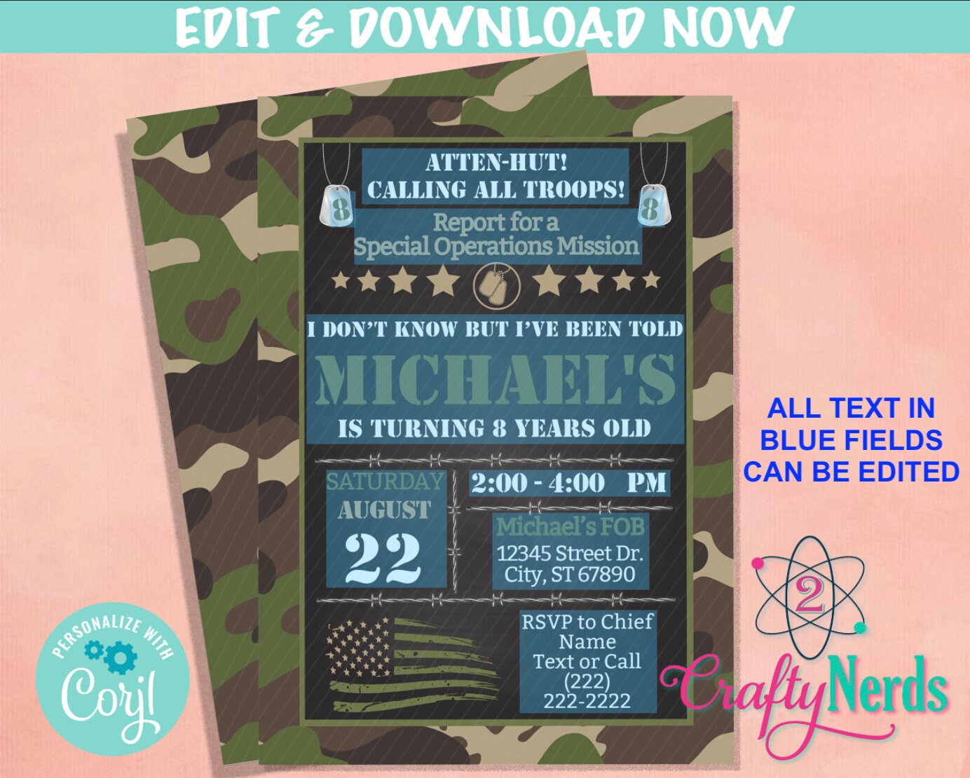 Army Party Birthday Invitation, Military Party, Army Theme, Soldier | Editable Instant Download | Edit Online NOW Corjl | INSTANT ACCESS