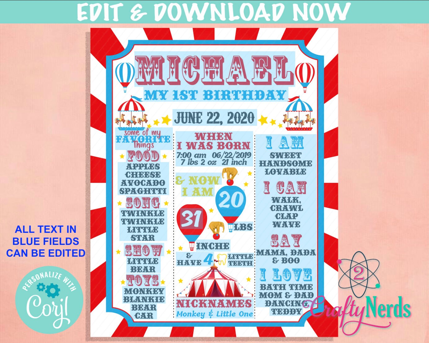 Tent Carnival Circus Birthday Sign Circus Birthday Board Milestone Sign | Editable Instant Download | Edit Online NOW Corjl | INSTANT ACCESS