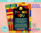 Building Blocks Birthday Thank You Card, Blocks Thank You Card | Editable Instant Download | Edit Online NOW Corjl | INSTANT ACCESS