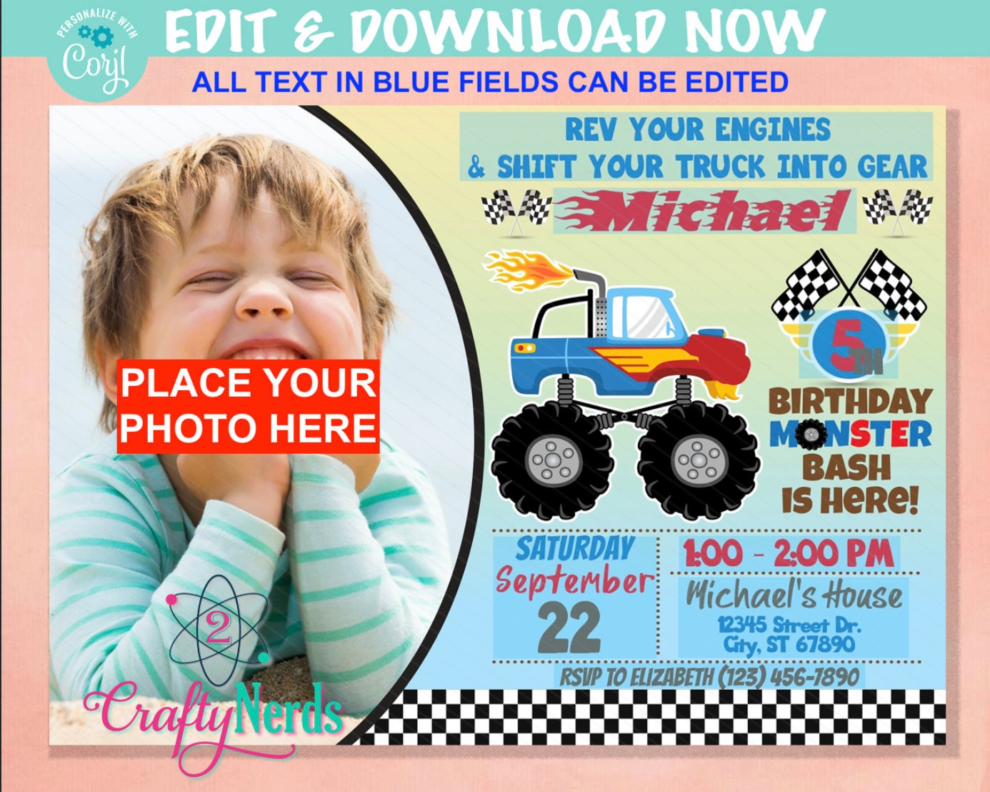 Monster Truck Party Birthday Invitation With photo, Truck invitation | Editable Instant Download | Edit Online NOW Corjl | INSTANT ACCESS