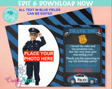 Police Birthday Thank You Card with Photo, Police Party, Cop Thank You | Editable Instant Download | Edit Online NOW Corjl | INSTANT ACCESS