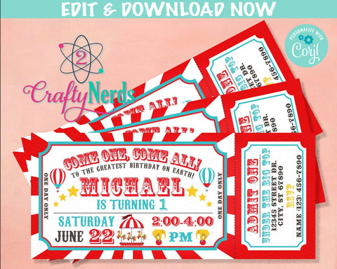 Carnival Ticket Birthday Invitation, Circus Party, Circus invitation | Editable Instant Download | Edit Online NOW Corjl | INSTANT ACCESS