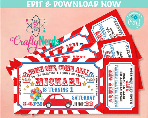 Drive By Circus Carnival Ticket Birthday Invitation, Party invitation | Editable Instant Download | Edit Online NOW Corjl | INSTANT ACCESS