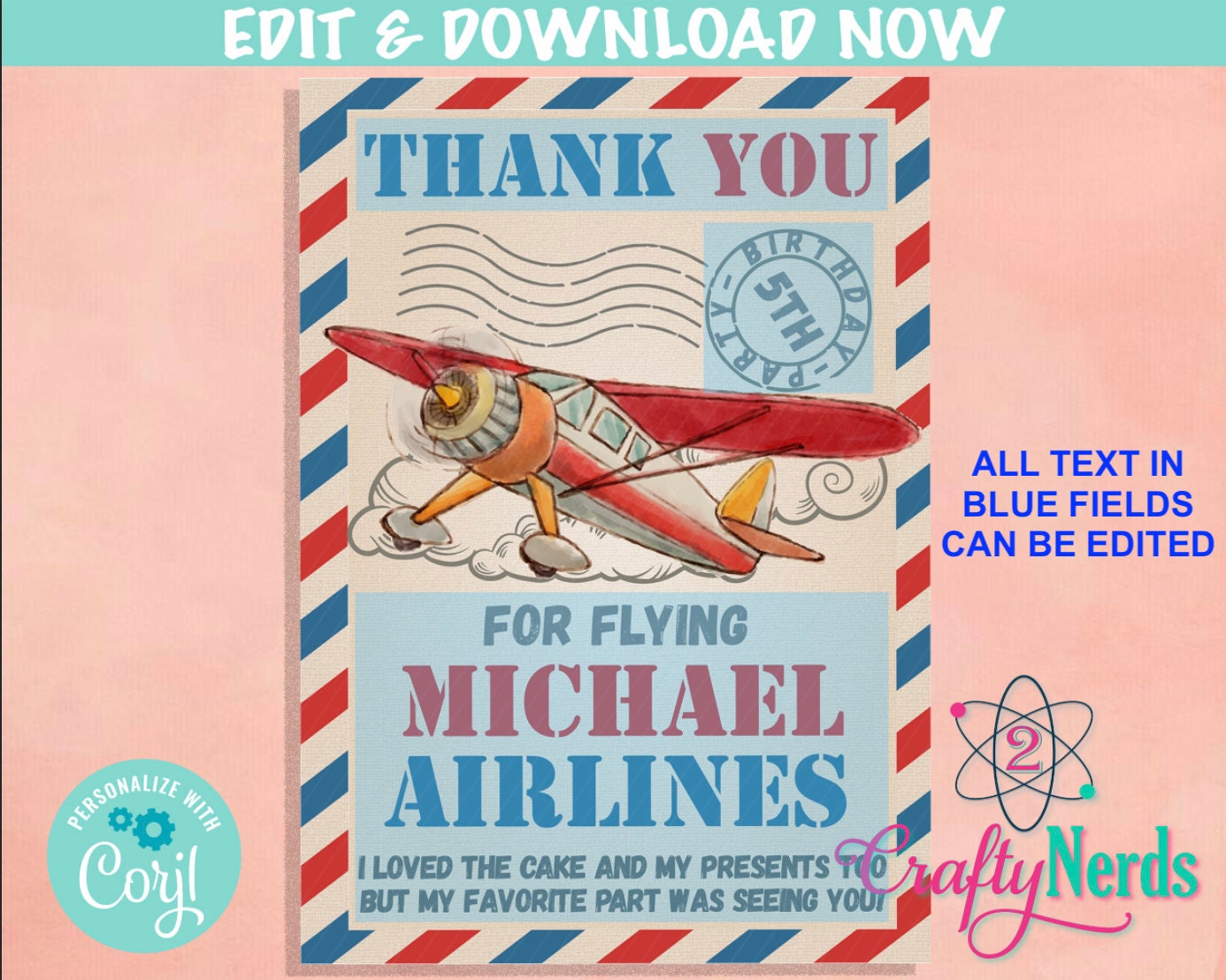 Airplane Birthday Thank You Card, Airplane Thank You Card, Vintage Plane| Editable Instant Download | Edit Online NOW Corjl | INSTANT ACCESS