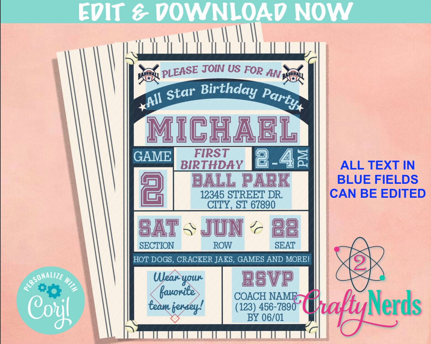 Vintage Baseball Birthday Invitation, Retro Sport Invitation, All Star | Editable Instant Download | Edit Online NOW Corjl | INSTANT ACCESS