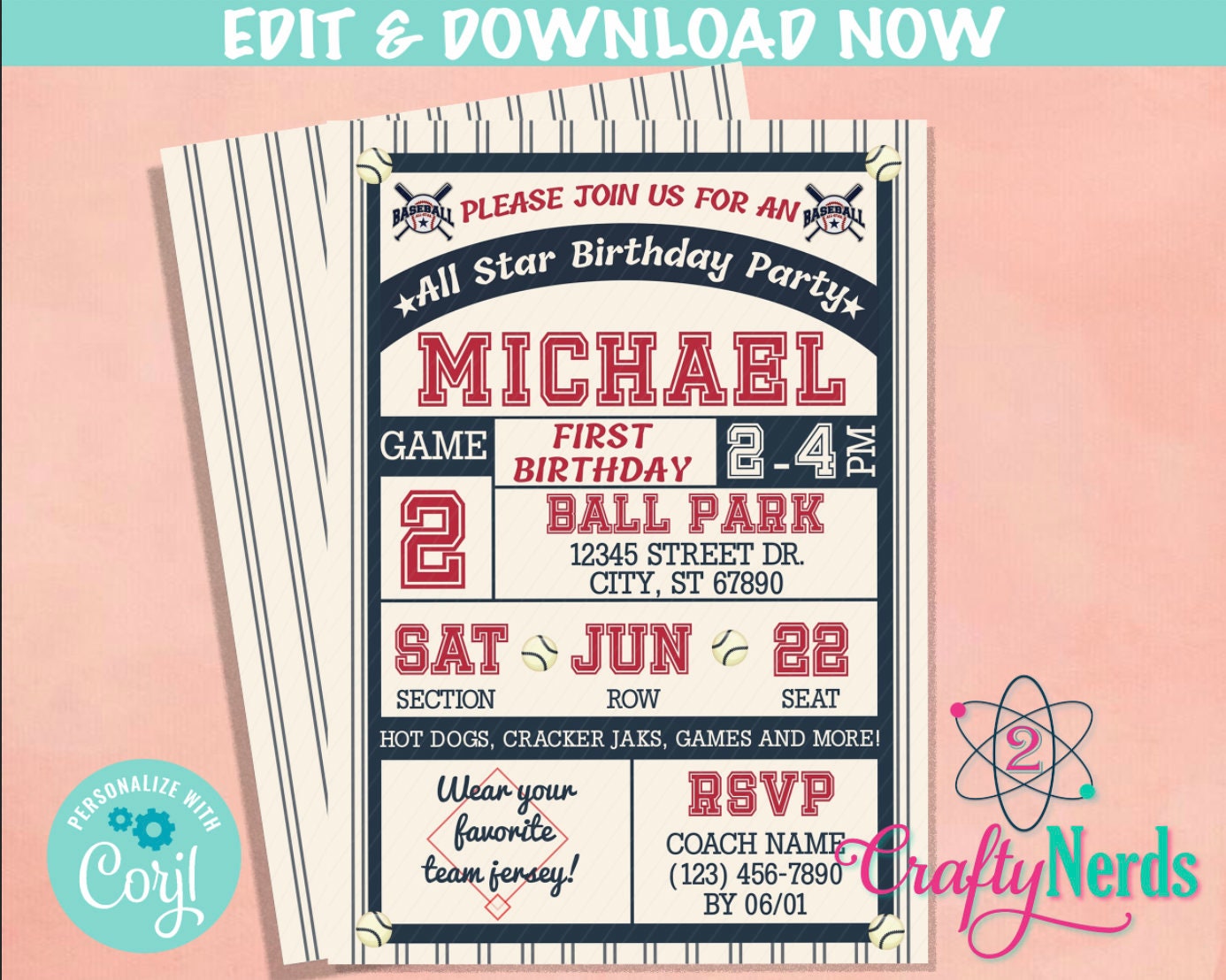 Vintage Baseball Birthday Invitation, Retro Sport Invitation, All Star | Editable Instant Download | Edit Online NOW Corjl | INSTANT ACCESS
