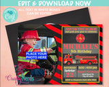 Firefighter Birthday Invitation With Photo, Fire Truck, Fireman Party | Editable Instant Download | Edit Online NOW Corjl | INSTANT ACCESS