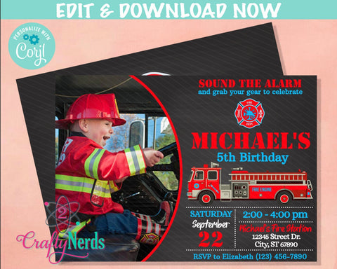 Firefighter Birthday Invitation With Photo, Fire Truck, Fireman Party | Editable Instant Download | Edit Online NOW Corjl | INSTANT ACCESS