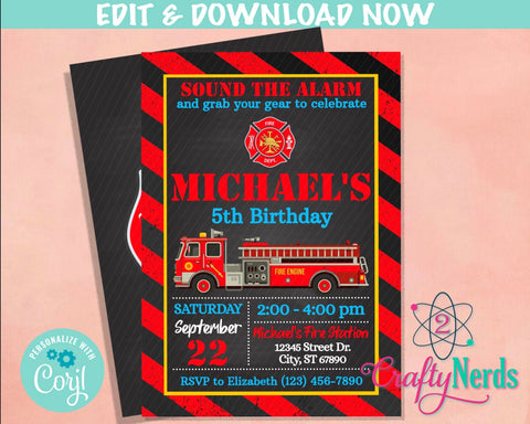 Firefighter Birthday Invitation, Fire Truck Invitation, Fireman Party | Editable Instant Download | Edit Online NOW Corjl | INSTANT ACCESS