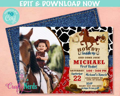 Rodeo Horse Cowboy Wild West Birthday Invitation With Photo, Western | Editable Instant Download | Edit Online NOW Corjl | INSTANT ACCESS