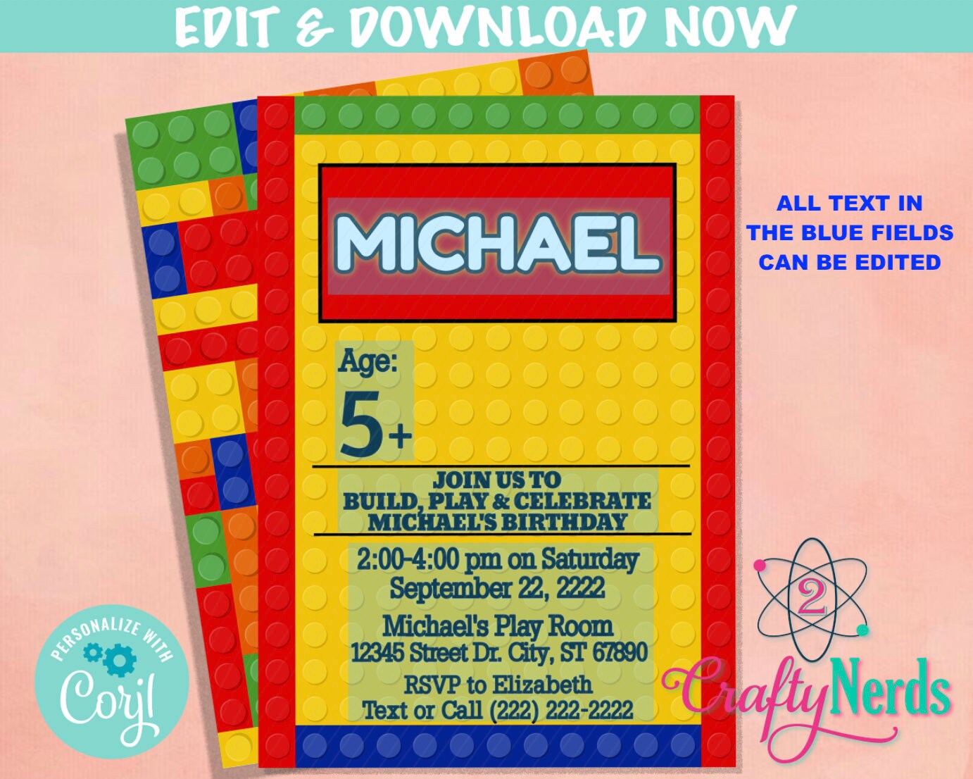 Colorful Building Blocks Birthday Invitation, Blocks Birthday Party | Editable Instant Download | Edit Online NOW Corjl | INSTANT ACCESS