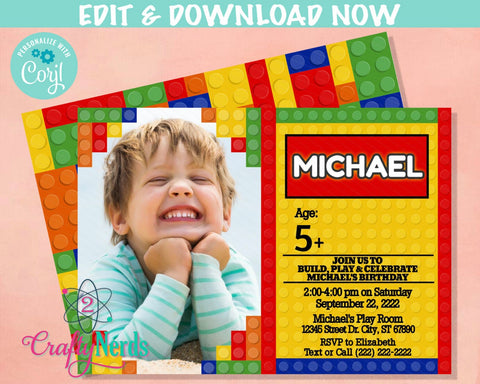 Colorful Building Blocks Birthday Invitation, Digital Invitation, Print | Editable Instant Download | Edit Online NOW Corjl | INSTANT ACCESS