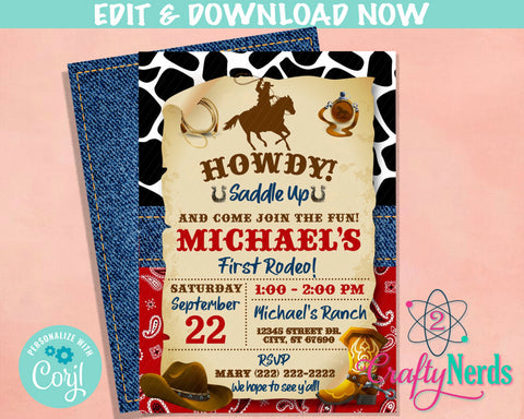 Cowboy Rodeo Birthday Invitation, Western Party, First Rodeo, Wild West | Editable Instant Download | Edit Online NOW Corjl | INSTANT ACCESS