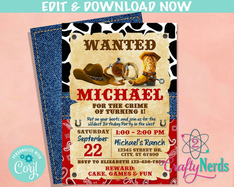 Wanted Cowboy Wild West Birthday Invitation, Cowboy invite, Rodeo Party | Editable Instant Download | Edit Online NOW Corjl | INSTANT ACCESS