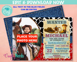 Wanted Cowboy Wild West Birthday Invitation With Photo, Rodeo Party | Editable Instant Download | Edit Online NOW Corjl | INSTANT ACCESS