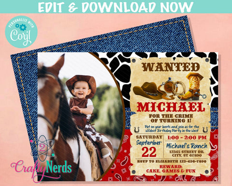 Wanted Cowboy Wild West Birthday Invitation With Photo, Rodeo Party | Editable Instant Download | Edit Online NOW Corjl | INSTANT ACCESS