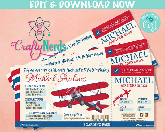 Airplane Ticket Birthday Invitation, Airplane Party, Plane invitation | Editable Instant Download | Edit Online NOW Corjl | INSTANT ACCESS