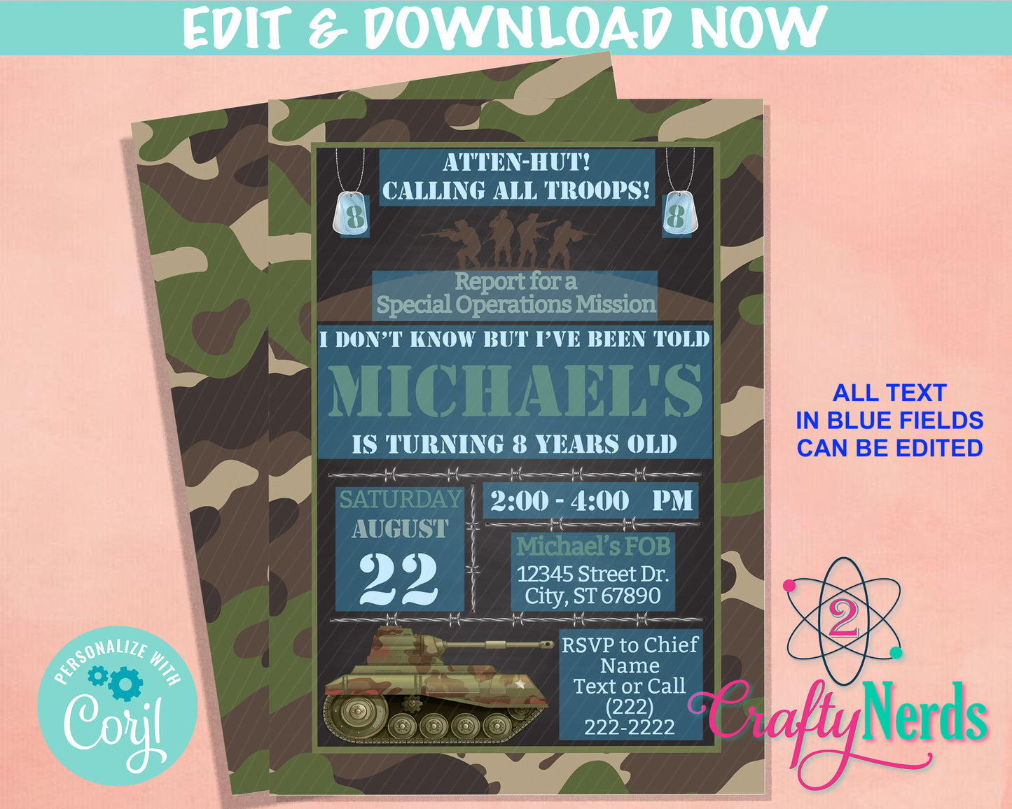 Army Party Birthday Invitation, Military Party, Army Theme, Soldier | Editable Instant Download | Edit Online NOW Corjl | INSTANT ACCESS