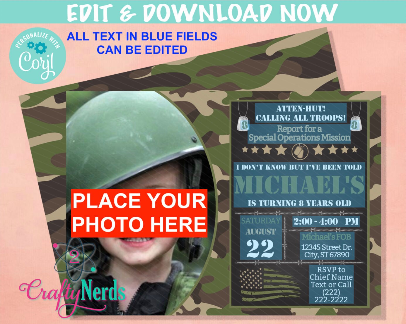 Army Party Birthday Invitation with Photo, Military Party Soldier Party | Editable Instant Download | Edit Online NOW Corjl | INSTANT ACCESS