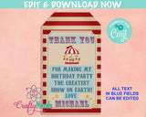 Circus Birthday Thank You Tag, Carnival Birthday Tag Circus Favor Label | Editable Instant Download | Edit Online NOW Corjl | INSTANT ACCESS