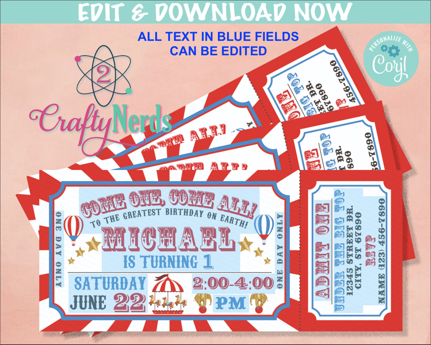 Carnival Ticket Birthday Invitation, Circus Party, Circus invitation | Editable Instant Download | Edit Online NOW Corjl | INSTANT ACCESS