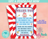 Circus Carnival Birthday Thank You Card, Circus Thank You Card Carnival | Editable Instant Download | Edit Online NOW Corjl | INSTANT ACCESS