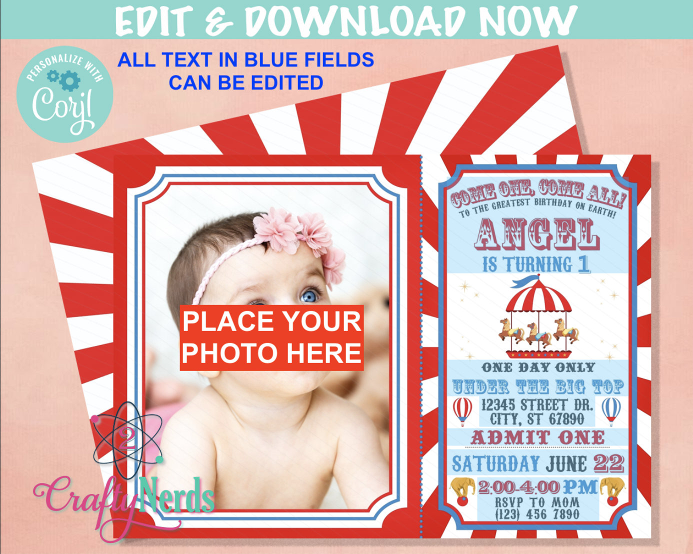 Carnival Ticket Birthday Invitation with photo, Circus invitation | Editable Instant Download | Edit Online NOW Corjl | INSTANT ACCESS