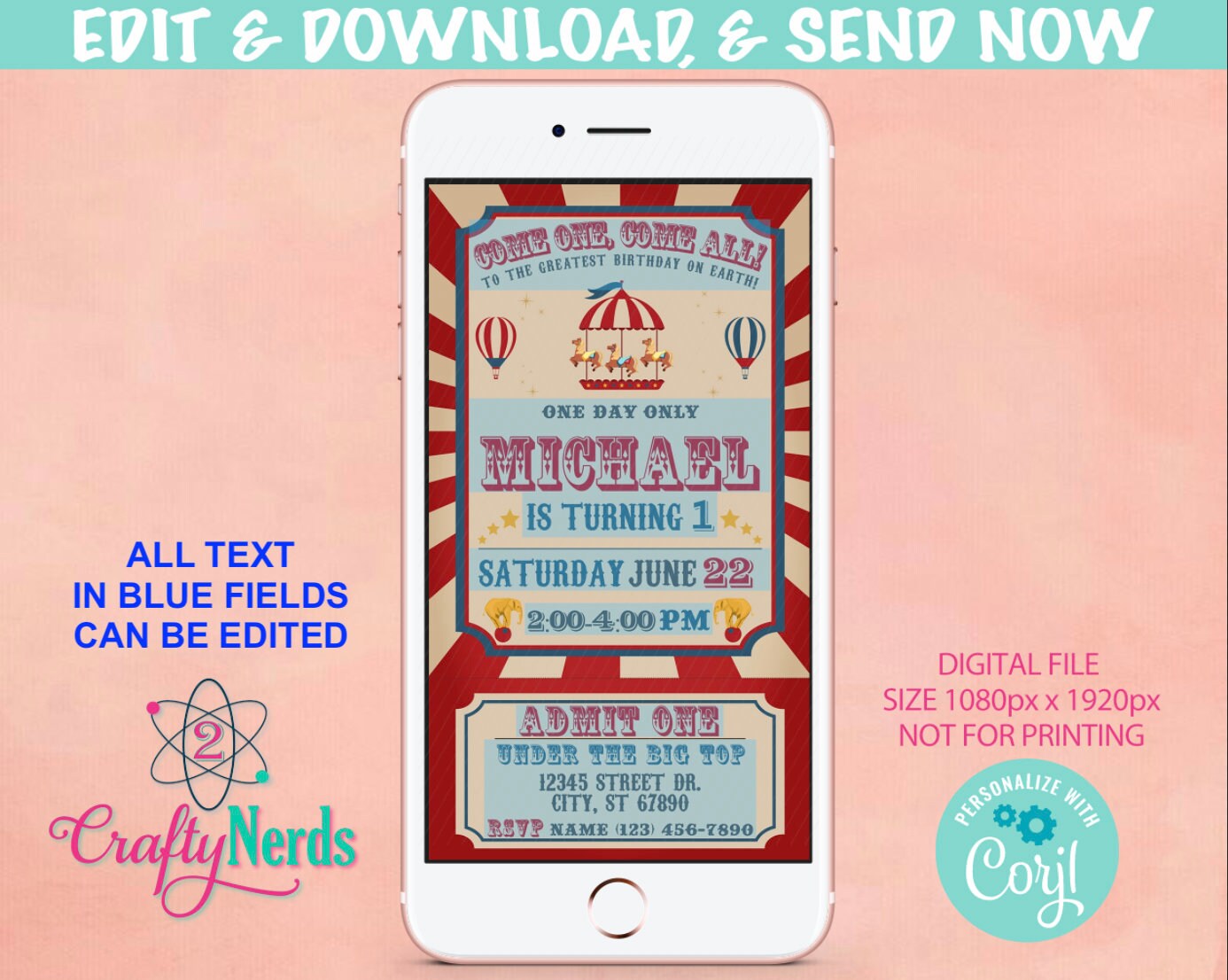 Circus Carnival Ticket Birthday Party Electronic Invitation, Evite | Editable Instant Download | Edit Online NOW Corjl | INSTANT ACCESS