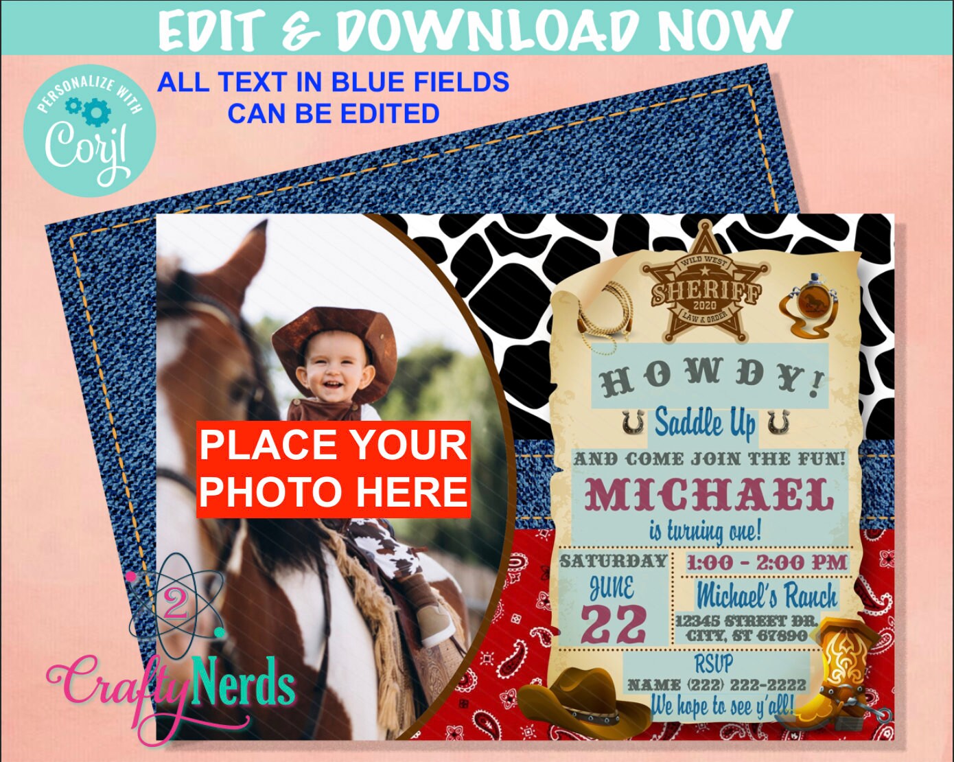 Cowboy Wild West Birthday Invitation With Photo, Western Party | Editable Instant Download | Edit Online NOW Corjl | INSTANT ACCESS