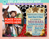 Drive By Cowboy Rodeo Birthday Invitation With Photo, Quarantine Parade | Editable Instant Download | Edit Online NOW Corjl | INSTANT ACCESS