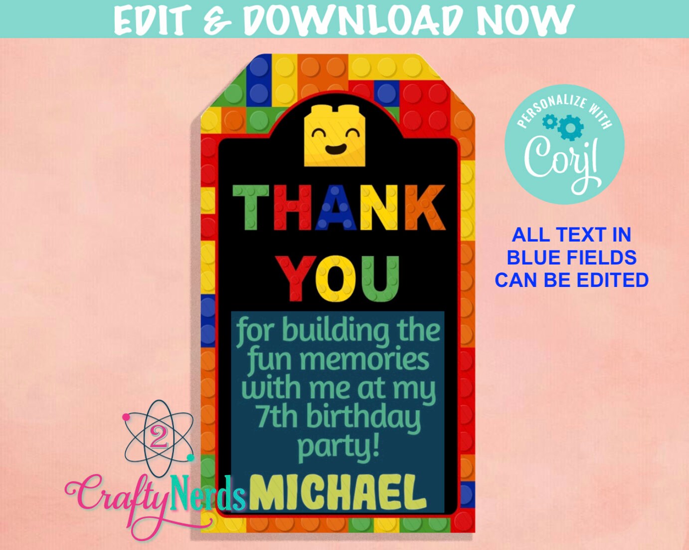 Building Blocks Birthday Thank You Tag, Blocks Birthday Tag Favor Label | Editable Instant Download | Edit Online NOW Corjl | INSTANT ACCESS