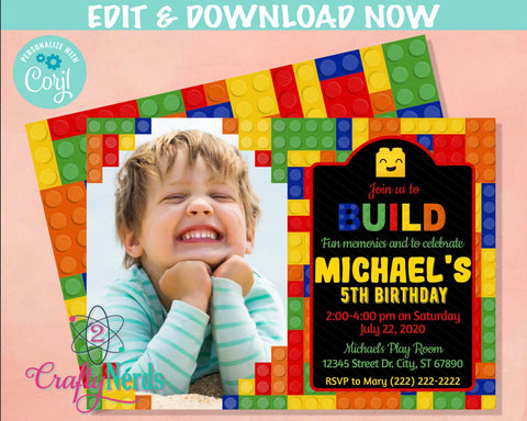 Colorful Building Blocks Birthday Invitation with Picture, with Photo | Editable Instant Download | Edit Online NOW Corjl | INSTANT ACCESS