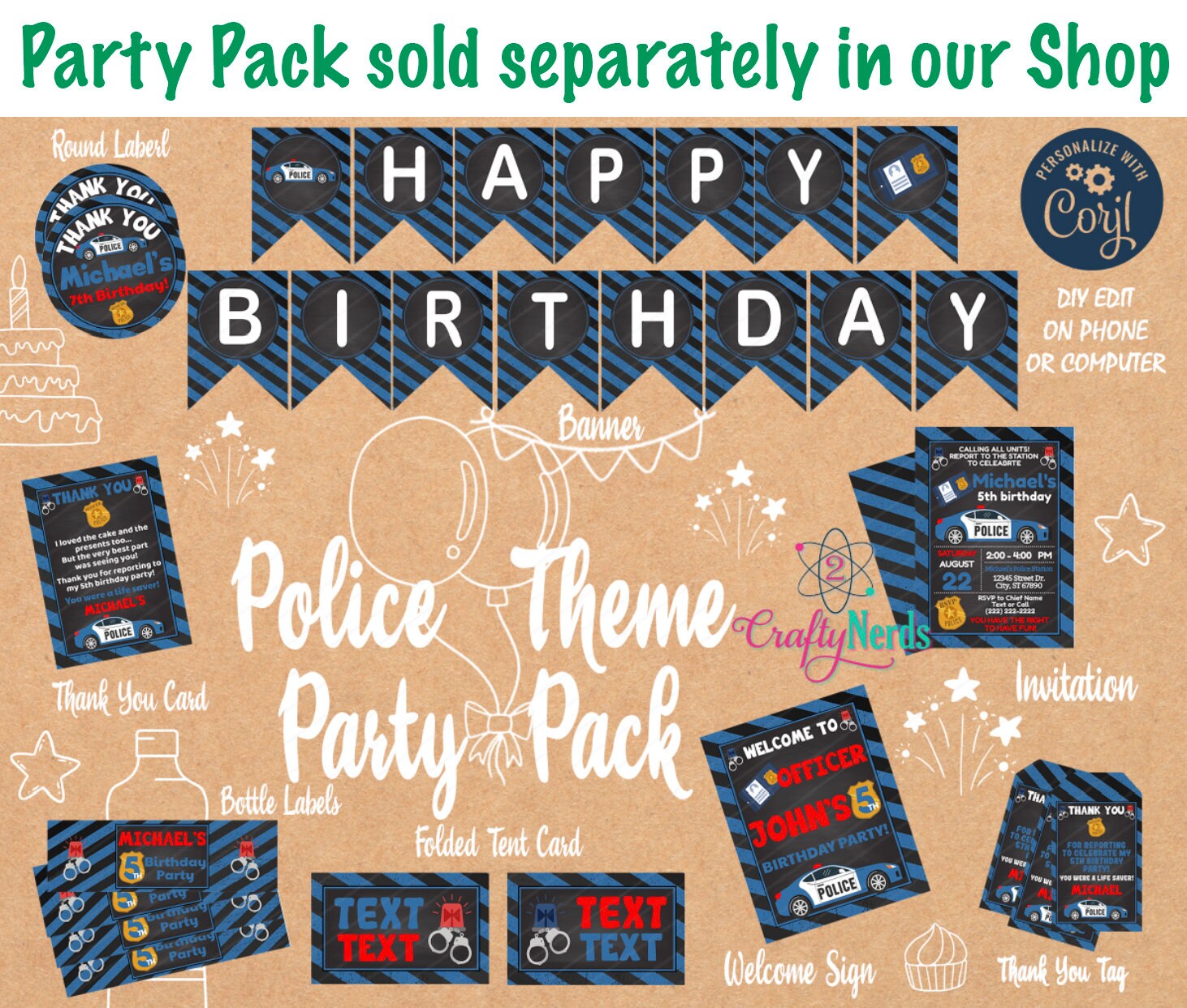 Police Birthday Party Electronic Invitation, Police Party, Police Evite | Editable Instant Download | Edit Online NOW Corjl | INSTANT ACCESS