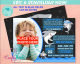 Shark Birthday Invitation with Photo, Shark Party, Shark Theme | Editable Instant Download | Edit Online NOW Corjl | INSTANT ACCESS