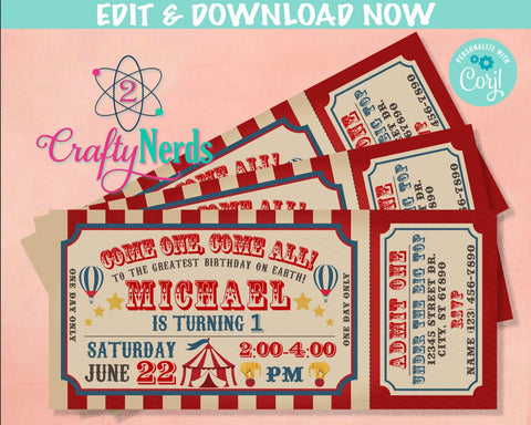 Carnival Ticket Birthday Invitation, Circus Party, Circus invitation | Editable Instant Download | Edit Online NOW Corjl | INSTANT ACCESS