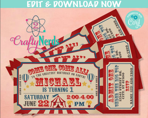 Carnival Ticket Birthday Invitation, Circus Party, Circus invitation | Editable Instant Download | Edit Online NOW Corjl | INSTANT ACCESS