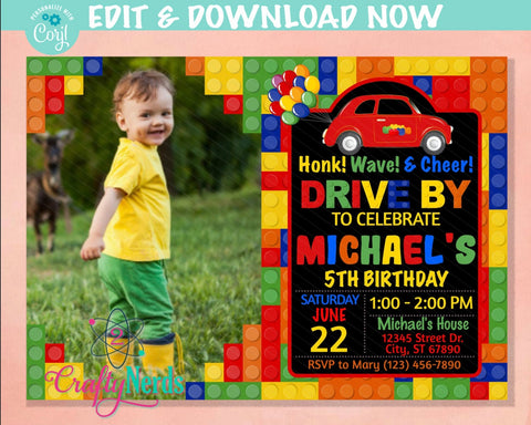 Drive By Building Blocks Birthday Invitation With Photo, Drive Parade | Editable Instant Download | Edit Online NOW Corjl | INSTANT ACCESS